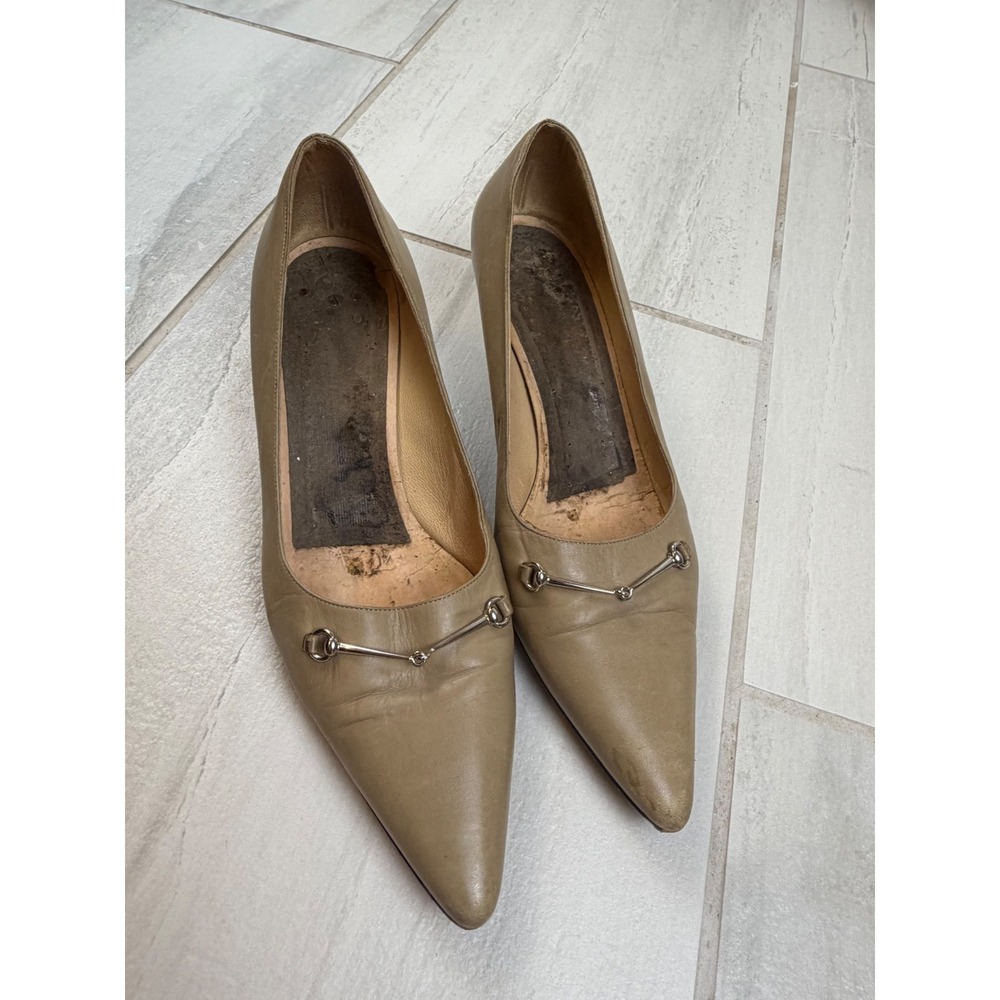Gucci Vintage Horsebit Leather Kitten Heel‎ Pumps Beige Tan 101 4279 Size 9.5B